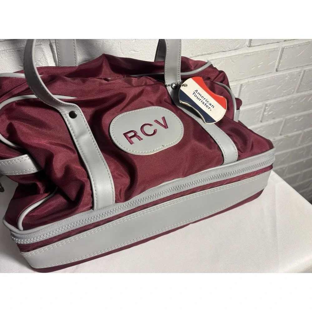 American Tourister Burgundy Gray Travel Duffel Bag RCV Monogram 16x13x9